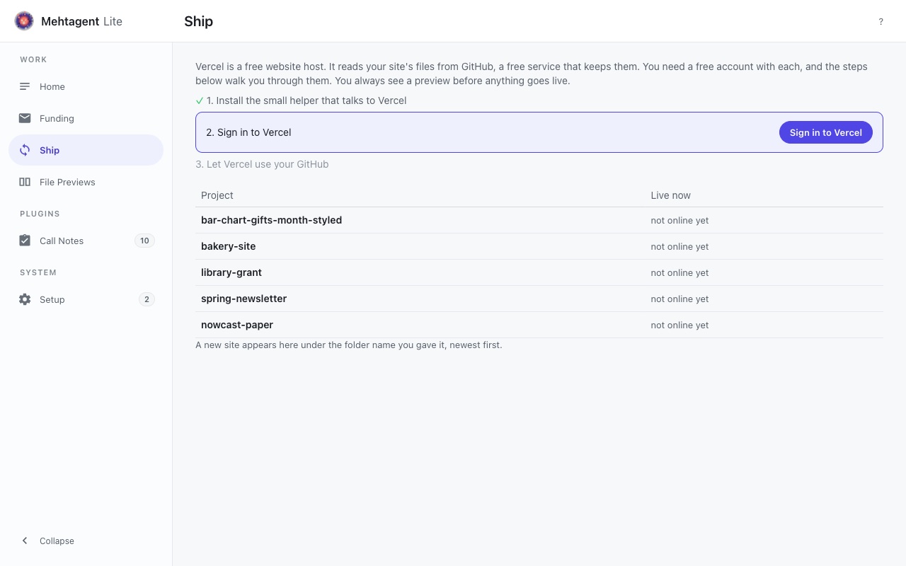 The Ship screen, showing the three free steps that put a site online.